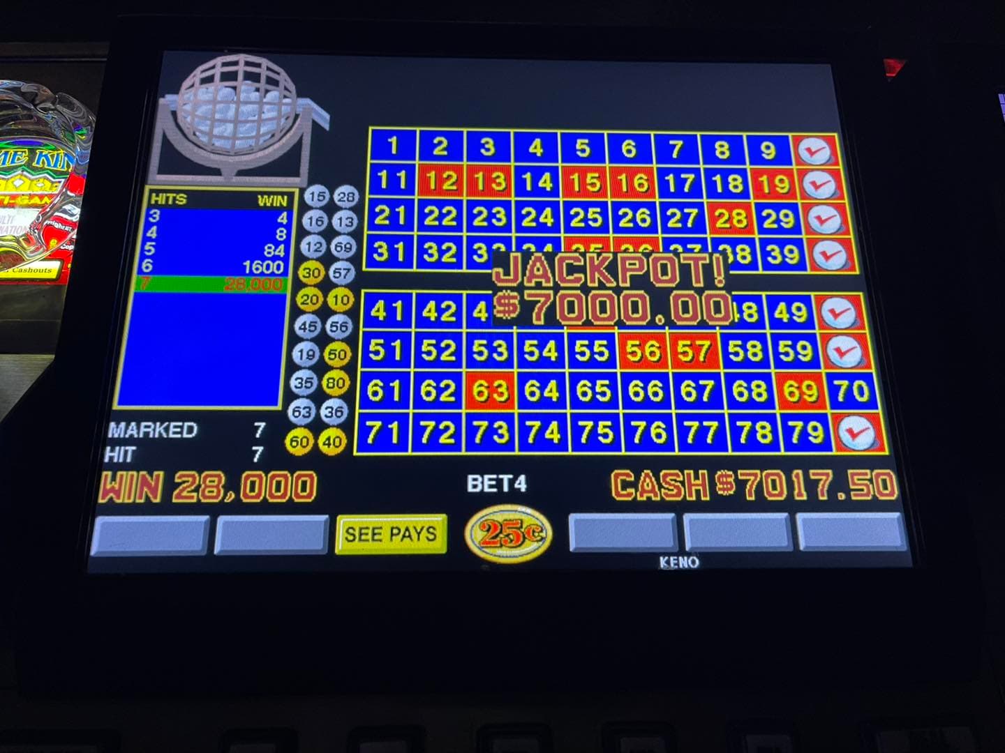 $$7,000 jackpot winner on Keno